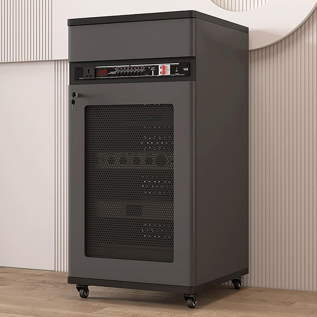 Gray Stereo Cabinet for Media Storage, Lockable Drawer & Door, AV Rack with Cable Management, Rolling Audio Stand with Adjustable Shelves (52x55x108cm) - Perfect for Home Entertainment.