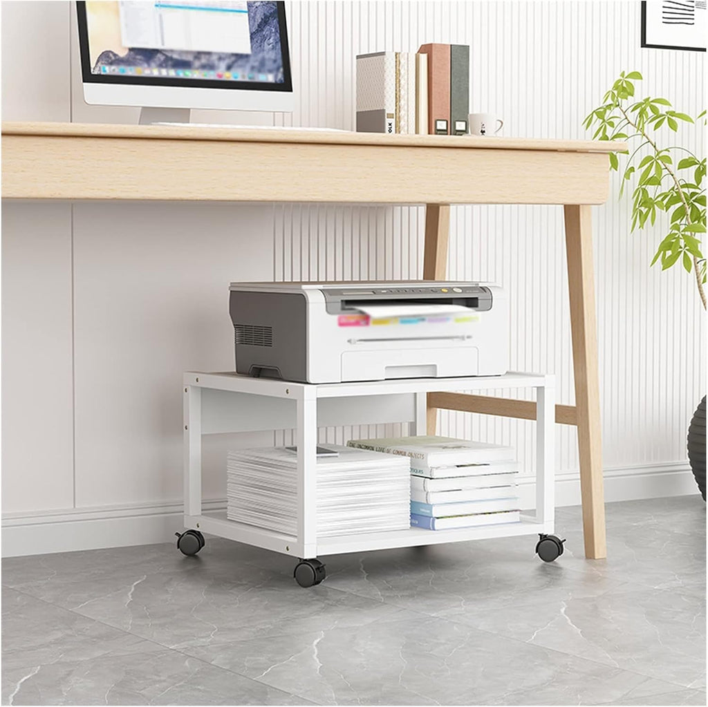 Printer Stand 2 Tiers Rolling Printer Stand Under Desk Printer Stand Office Movable Printer Desk with 4 Wheels & Lock Mechanism for Mini 3D Printer, White Office Printer Shelf