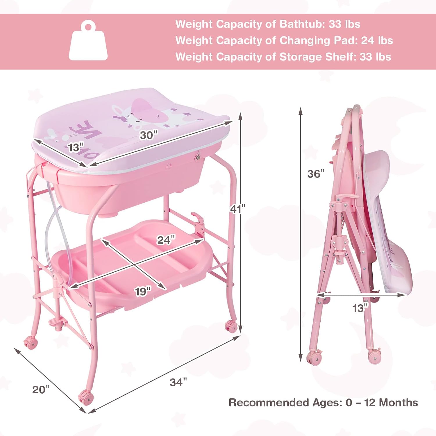 HONEY JOY 2-in-1 Baby Bathtub & Changing Table, Foldable Infant Diaper Changing Station with Wheels, Storage Tray, Waterproof Pad, Portable Newborn Nursery Organizer Bath Stand for Boys Girls (Pink)