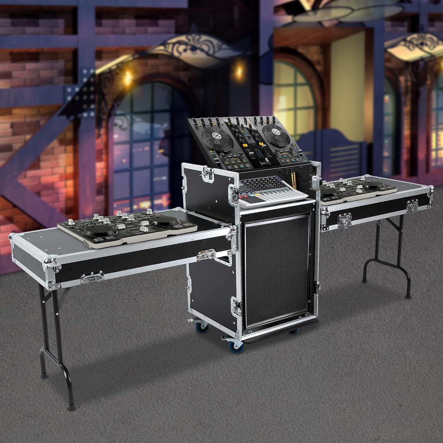 14U Mobile PA DJ Rack/Road Case, Network & Stereo Rack with DJ Mixer Tops, Heavy-Duty 2-Tier Studio Equipment Cabinet with 4 Wheels, Amplifier Mixer Storage Stand for Live Sound, KTV, Home Theater