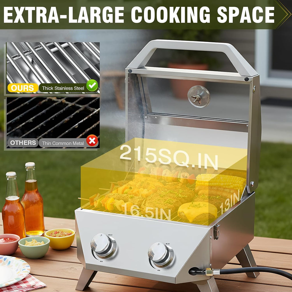 BESTFIRE Tabletop Gas Grill with 2 Burners & Viewing Glass Lid, 20,000 BTU Stainless Steel Portable BBQ Grill with Thermometer, Push-Button Ignition for Outdoor Patio, Camping, RV, Tailgating