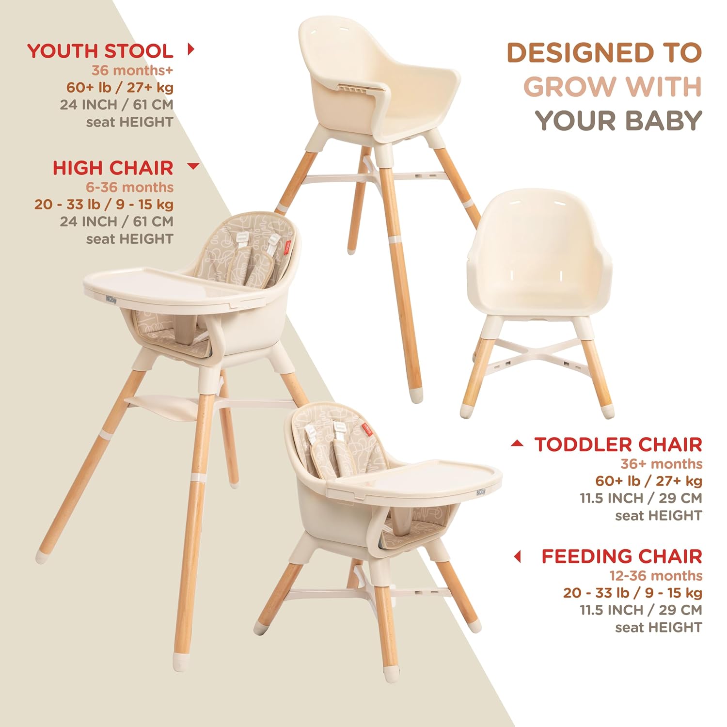 Nuby 4-in-1 Baby High Chair Seat with Removable Tray - 6+ Months to 3 Years - Adjustable Toddler Chair for Eating - Holds Up to 60 lbs - Beige