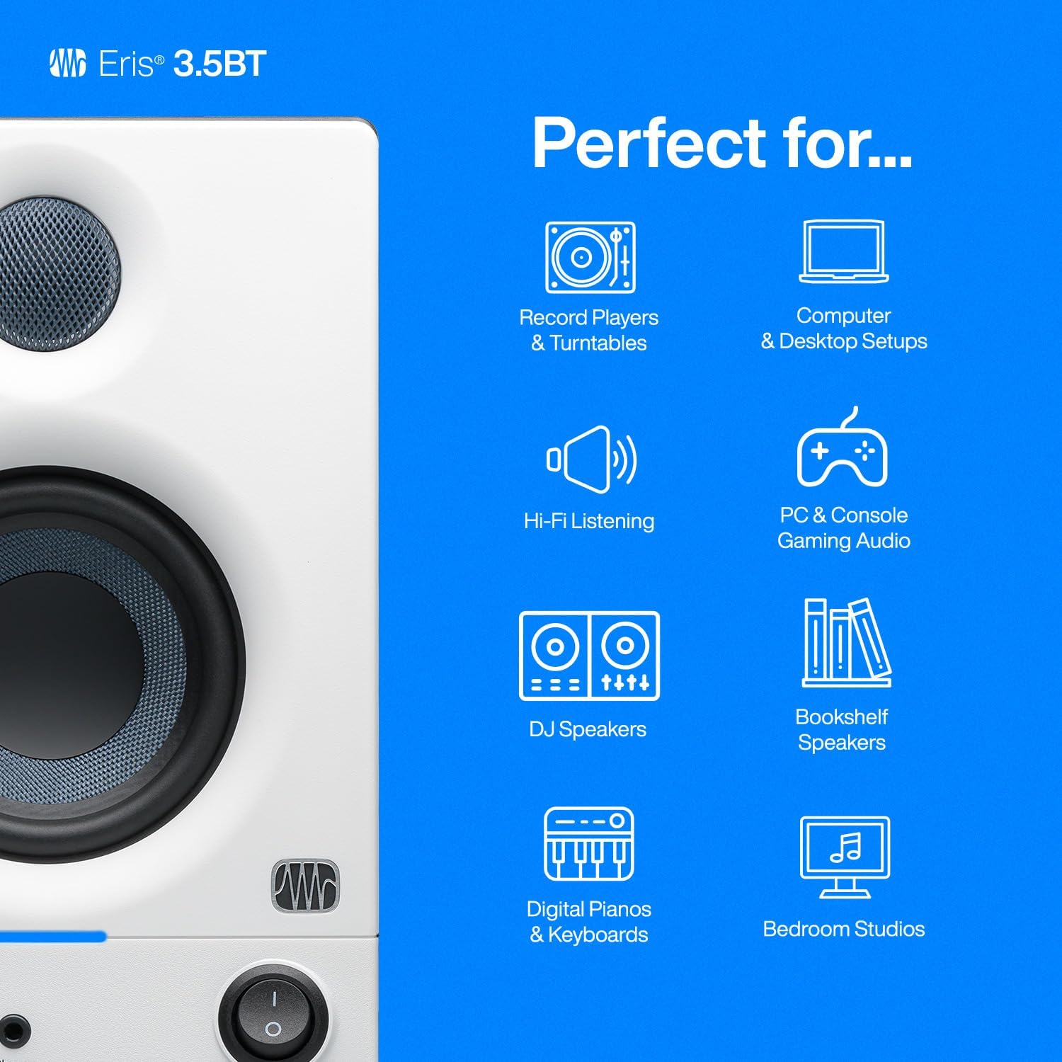 PreSonus Eris 3.5BT Studio Monitors, Pair — 3.5' Inch Powered Speakers, Bookshelf Speakers, Stereo, Desktop Computer, Near Field Music Production, Audio Mixing Recording