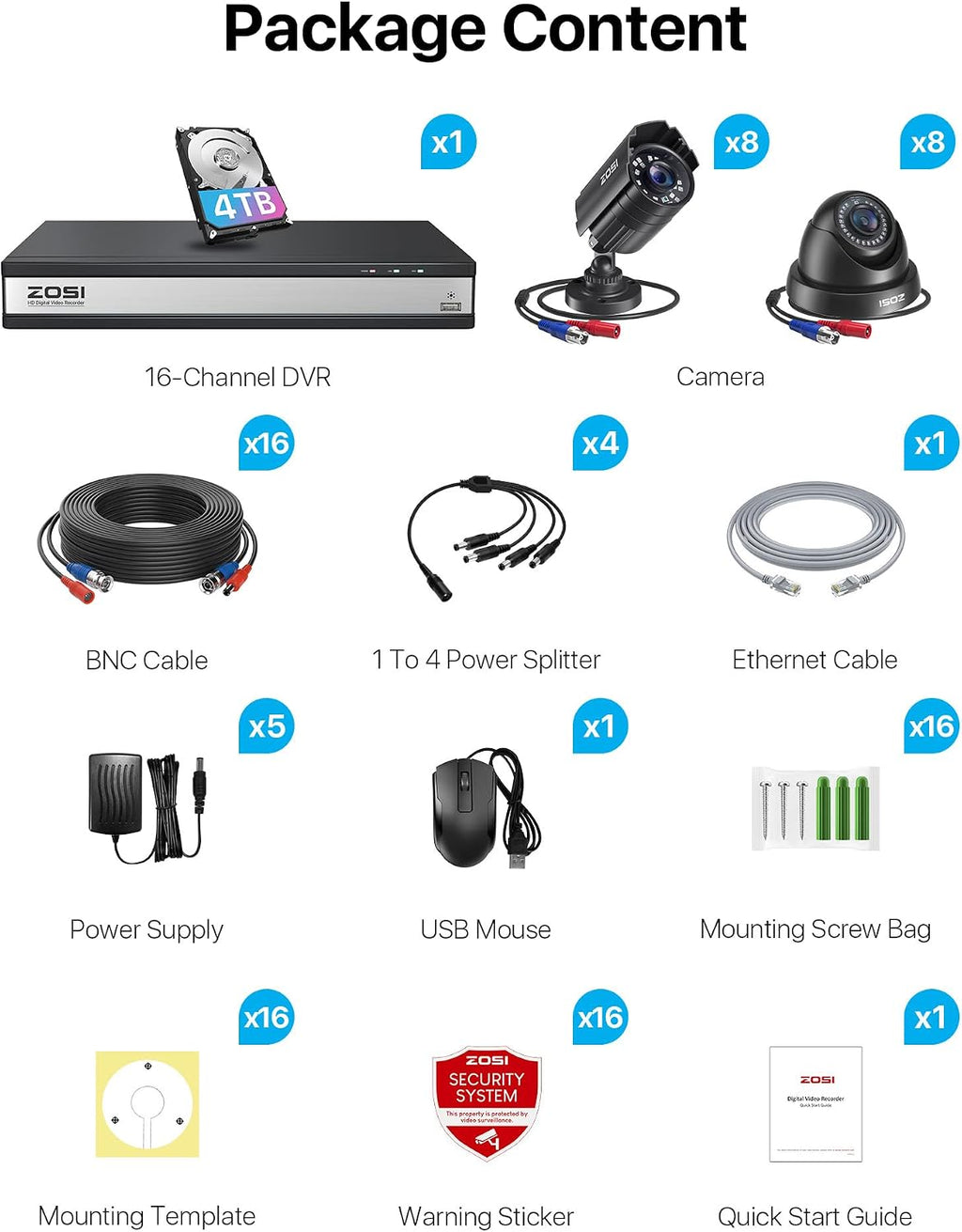 ZOSI 16CH Security Camera System with AI Human Vehicle Detection,16 Channel DVR with 4TB Hard Drive,16pcs 1920TVL 1080p Surveillance Cameras Indoor Outdoor,Night Vision,Remote Access,24/7 Recording