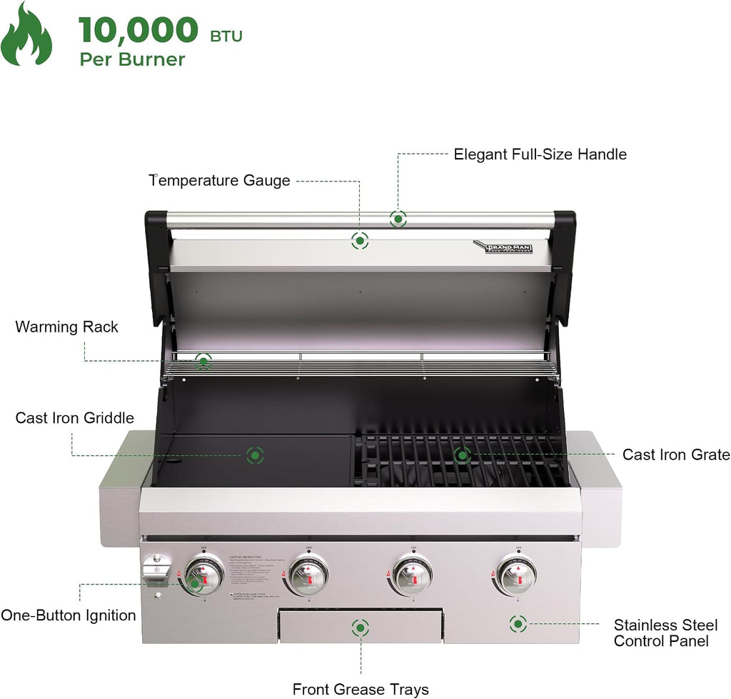 Brand-Man Gas Grill Built-In Head, 30-Inch 4-Burner Propane Grill, Natural Gas Convertible, Heavy Duty 304 Stainless Steel 40,000BTUs BBQ Island Outdoor Kitchen