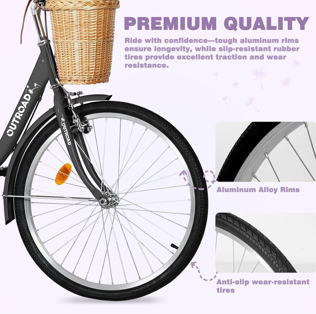 Max4out Women Bike Beach Cruiser Bike for Adult, 24 & 26 Inch Comfort Bikes with Rattan Front Basket, Womens Bicycle with Adjustable Seat and Dual V-Brake (Pink & White & Green & Purple & Black)