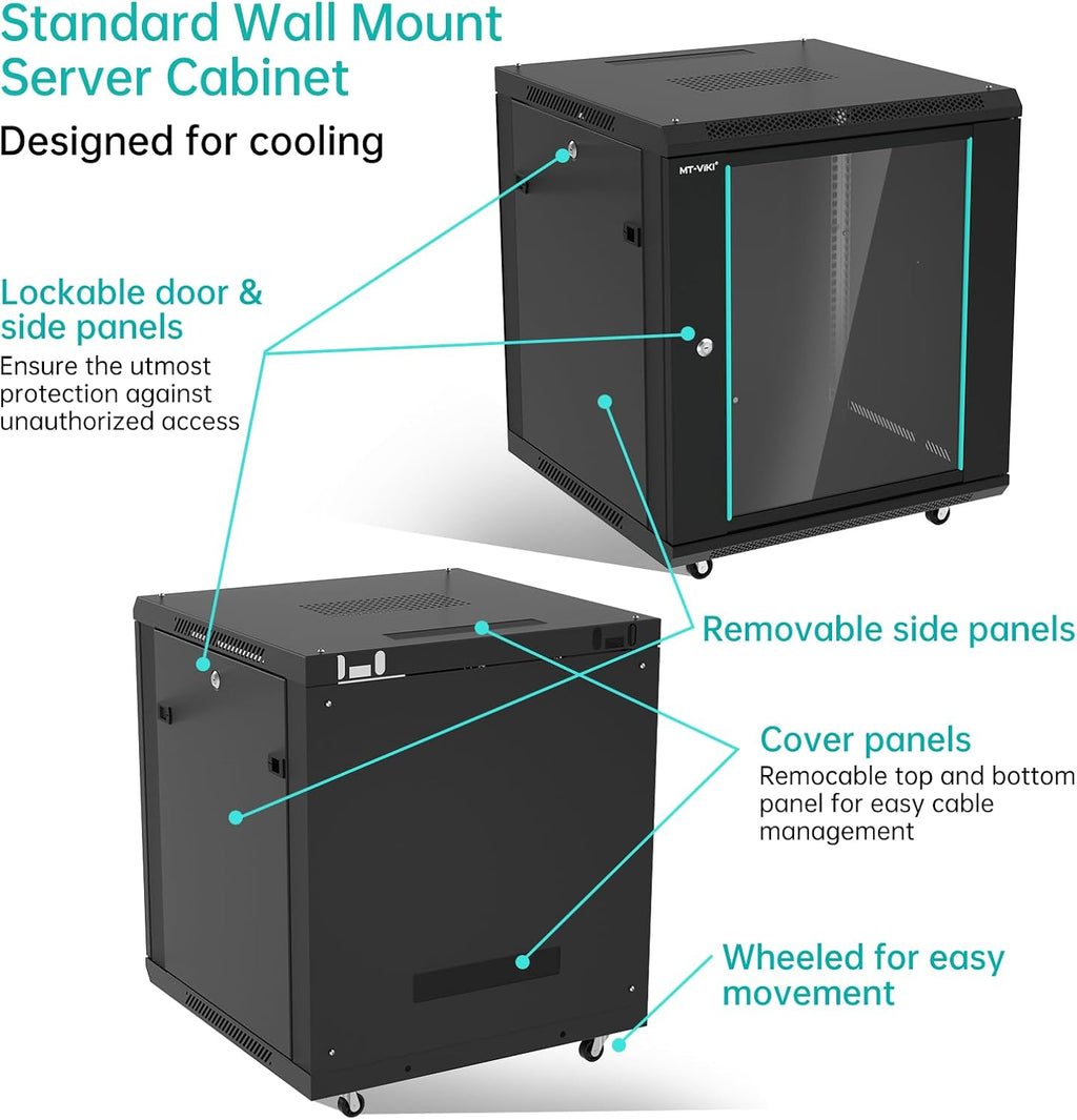MT-VIKI 12U Server Cabinet Network Rack Vented Enclosure w/Moving Wheel, 0.8mm Thick Steel, 23.6'' Deep (600mm), for 19'' IT Equipment, Included 1pcs 12'' Depth Rack Shelf