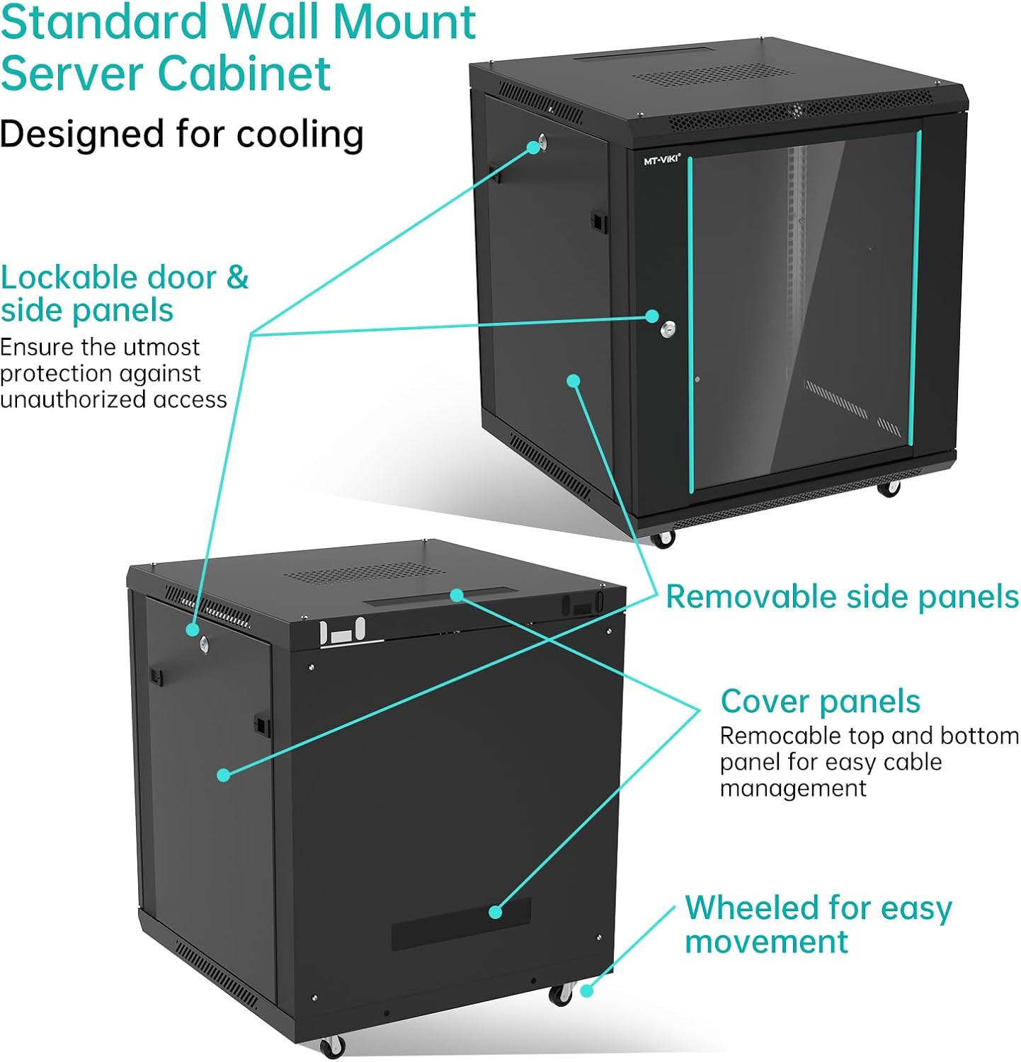 MT-VIKI 12U Server Cabinet Network Rack Vented Enclosure w/Moving Wheel, 0.8mm Thick Steel, 23.6'' Deep (600mm), for 19'' IT Equipment, Included 1pcs 12'' Depth Rack Shelf