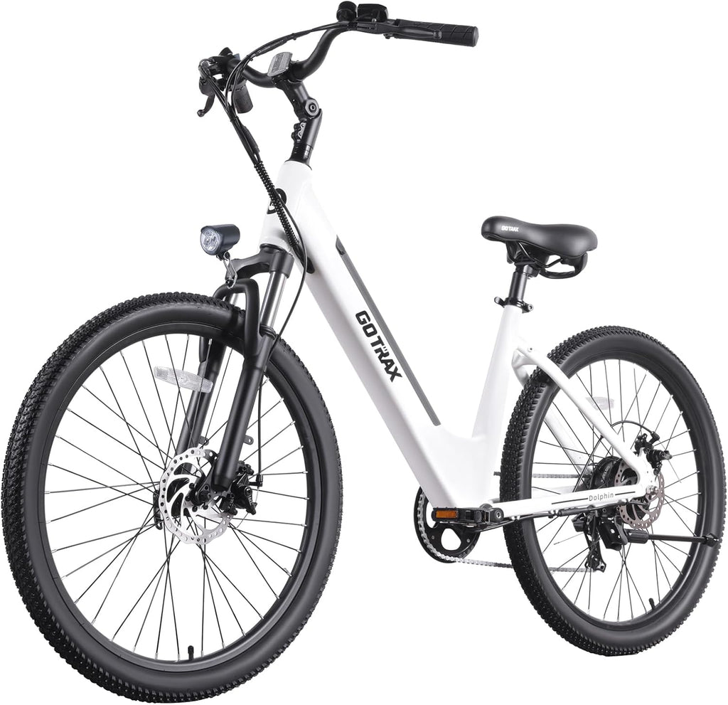 Gotrax Dolphin 26' Electric Bike, Max Range 30Miles(Pedal-assist1) & 20Mph Power by Peak 500W, 5 Pedal-Assist Levels & Front Suspension, 7-Speed&Boost Mode, City E-Bike for Adult, Step-Thru Bicycle