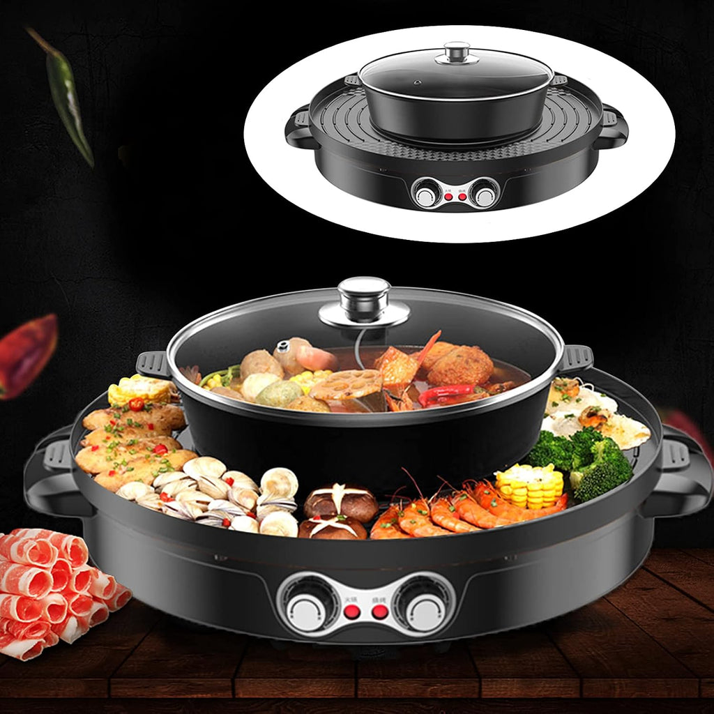 Food Party Hot Pot with Grill 2 in 1 Indoor Non-Stick Electric Pot and Griddle Korean BBQ Grill Indoor Smokeless Hotpot Pot Electric Cooker with Separable Cooking Plate & Independent Dual Temperature