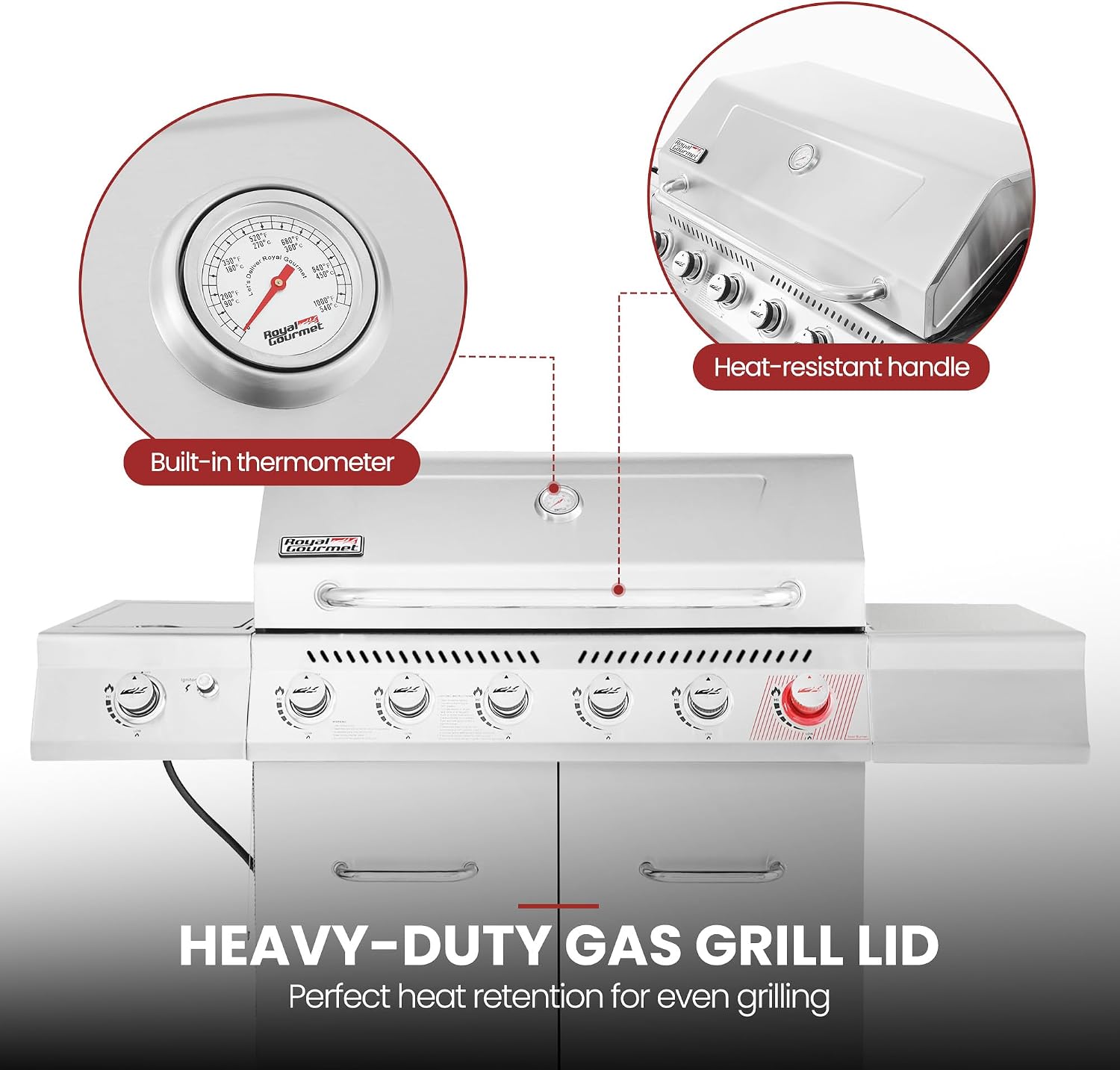 Royal Gourmet GA6402S 6-Burner Propane Gas Grill with Side Burner and Warming Rack, 74,000 BTUs, Cabinet Style Outdoor BBQ Grill for Barbecue Grilling & Backyard Cooking, Silver
