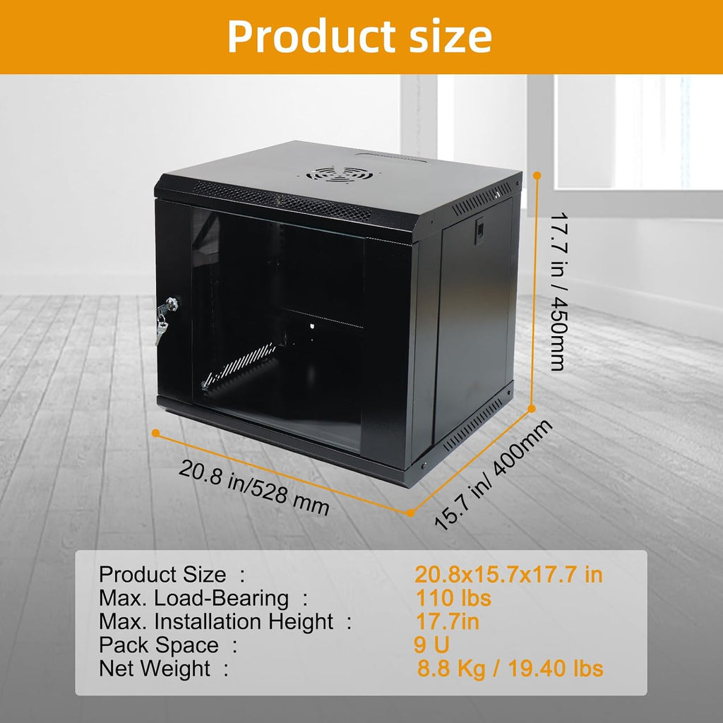 9U Wall Mount Network Server Cabinet with Glass Door, Locks, Removable Side Panels, for IT Equipment, A/V Devices