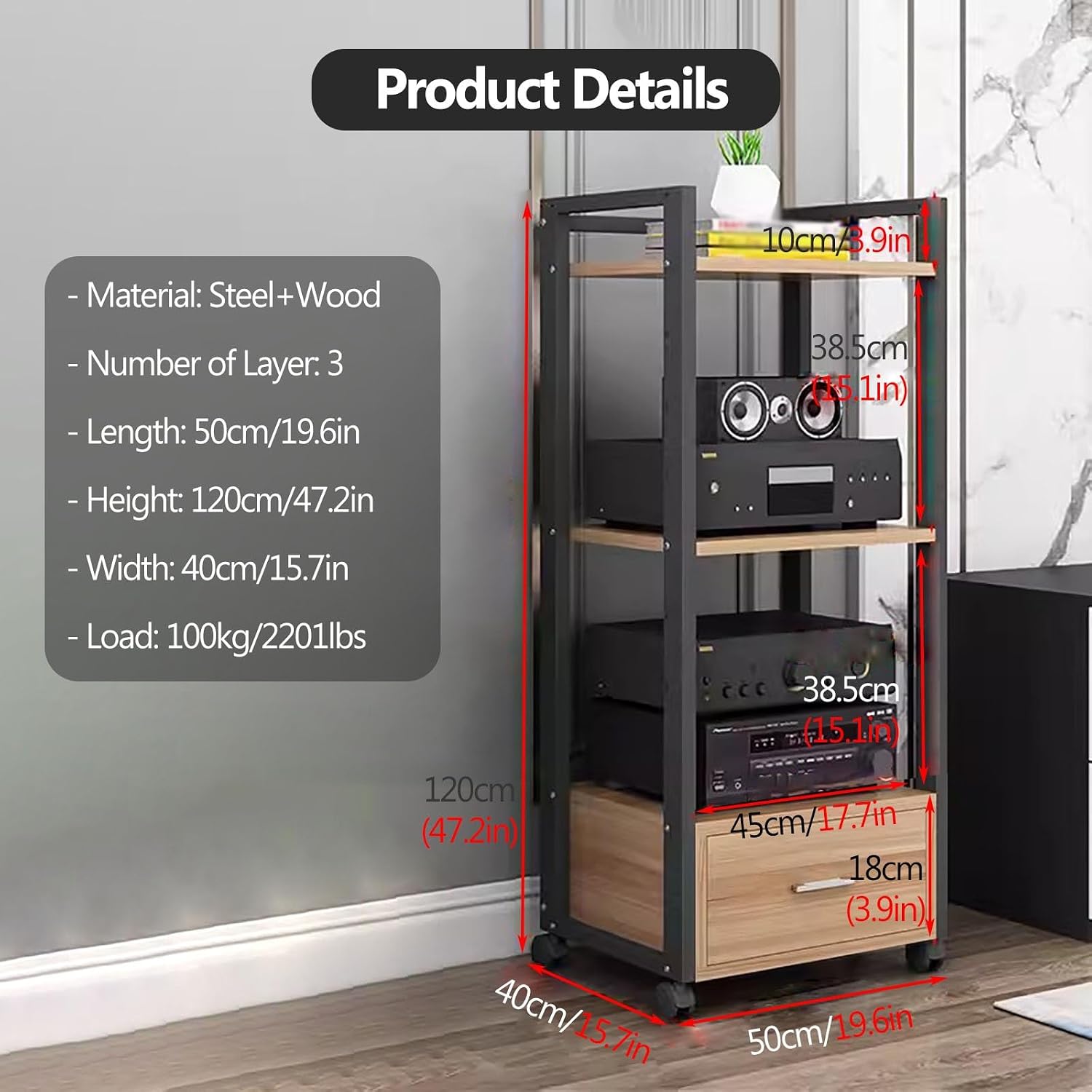 YLLFFLL AV Media Stand Corner Shelf - Rack Audio Tower with Adjustable Shelves - 79 100 120cm Tall Shelf Stand with Wheels - Audio Equipment Rolling Cart Rack Portable for Home(3 Tiers-120cm Tall)