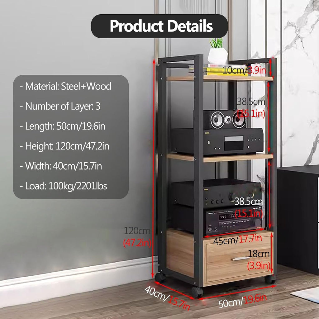 AV Media Stand Corner Shelf - Rack Audio Tower with Adjustable Shelves - 79 100 120cm Tall Shelf Stand with Wheels - Audio Equipment Rolling Cart Rack Portable for Home, 3 Tiers-120cm Tall