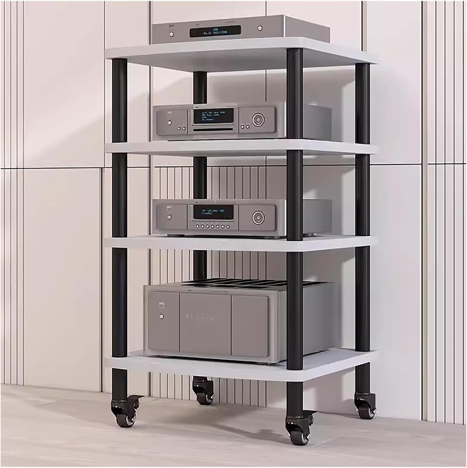4 Shelf Home Modern HiFi Rack Electronics Equipment Shelfs, Rolling Stereo Racks with Wheels Media Stand Audio/Video Component Cabinet(White)