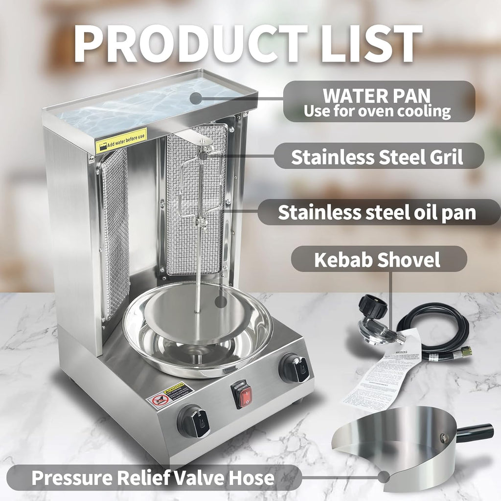 Shawarma Grill Machine Gas Vertical Rotisserie with 2 Burners, Propane Doner Kebab Oven 13 lbs Capacity, Gyro Meat Broiler Machine with Shovel, 110V