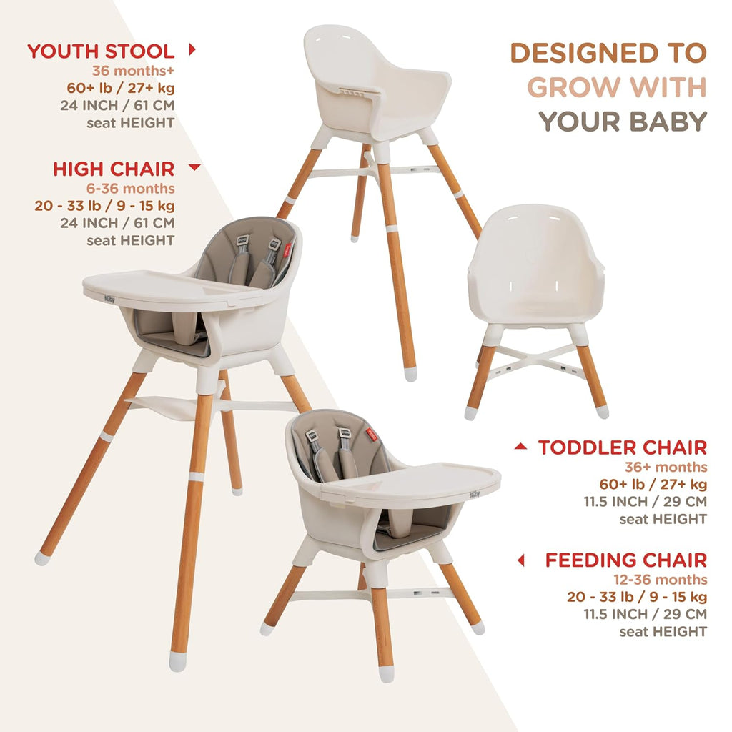 Nuby 4-in-1 Baby High Chair Seat with Removable Tray - 6+ Months to 3 Years - Adjustable Toddler Chair for Eating - Holds Up to 60 lbs - Gray