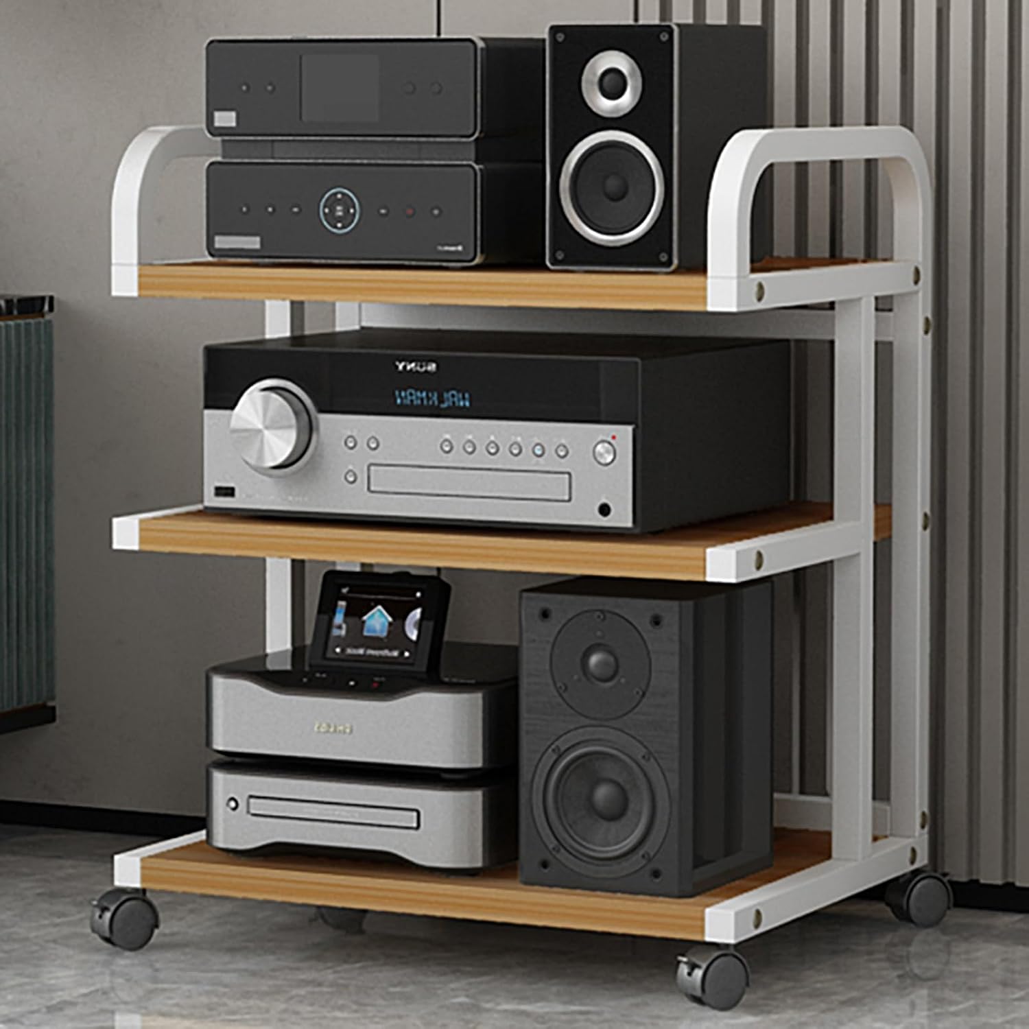 5-Tier HiFi Multimedia Rack with Wheels, Carbon Steel Stereo Component Storage Shelf, Audio Stand for Living Room & Bedroom, 106CM Height, Perfect for nizing AV Equipment