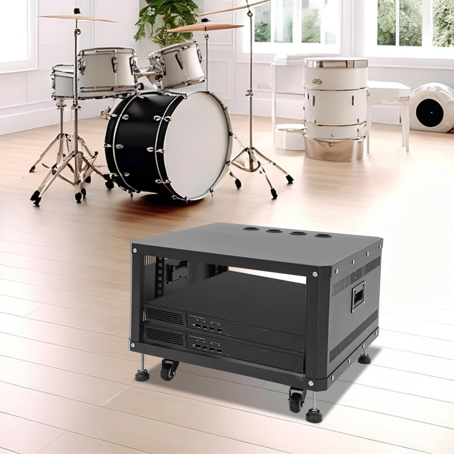 6U AV Rack with Wheels, Metal Studio Cabinet with Cable Ports, 22.4' x 19.8' x 15.1', Portable Home Studio Racks, Floor Standing Server Cabinet for Amplifiers, AV Equipment, Computers