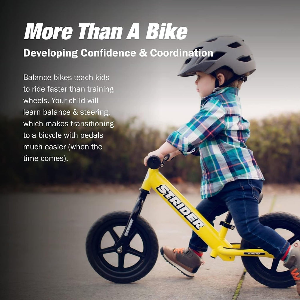 Strider 12' Sport Bike - No Pedal Balance Bicycle for Kids 1 to 4 Years - Includes Safety Pad, Padded Seat, Mini Grips & Flat-Free Tires - Tool-Free Assembly & Adjustments
