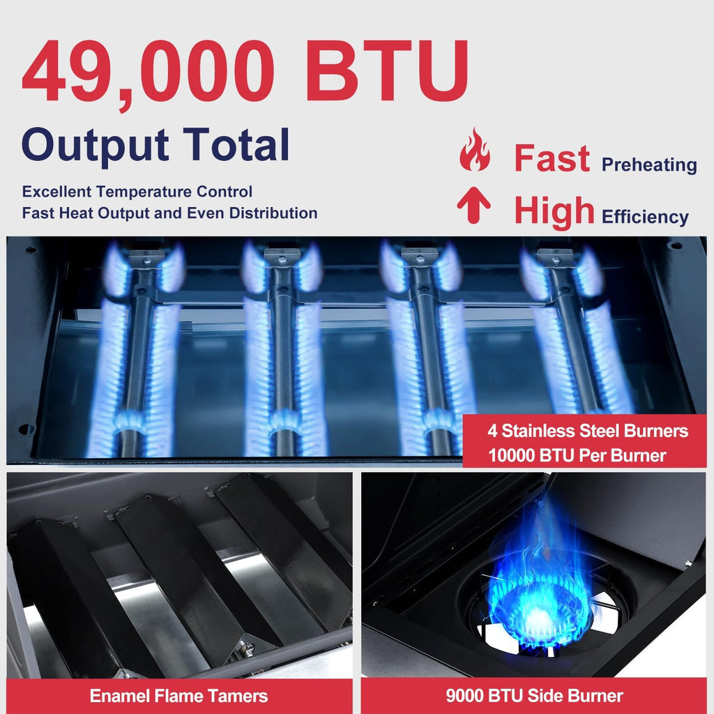 49000 BTU Output Propane Gas Grill with Side Burner and 4 Main Burners - Double-layer Stainless Steel Lid, Cast Iron Grids and Plate, Easy-Clean Grease Management for Perfect BBQs