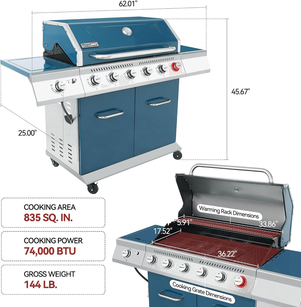 Royal Gourmet GA6402B 6 Burner Propane Gas Grill with Side Burner and Warming Rack, 74,000 BTUs, Cabinet Style Gas BBQ Grill for Barbecue Grilling & Backyard Cooking, Blue