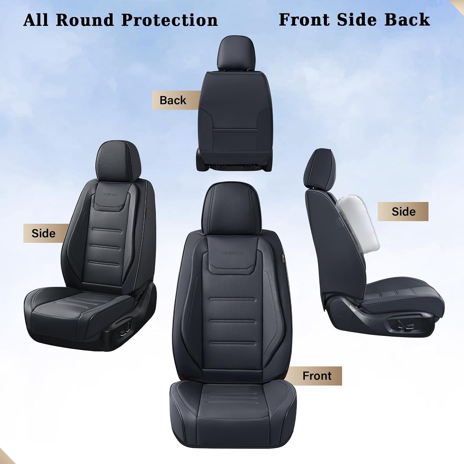 Coverado Car Seat Covers Full Set, Seat Covers for Cars, Car Seat Protector Waterproof, Leather Car Seat Cushion, Universal Interior Covers Seat Protectors for Most Cars Black
