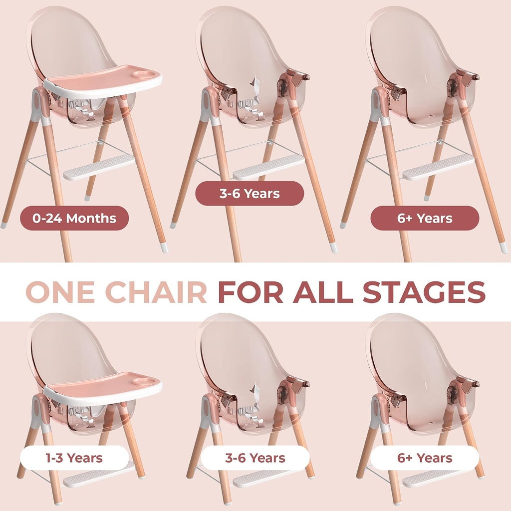 6 in 1 Deluxe Wooden High Chair for Babies & Toddlers, Modern Safe & Compact Baby Highchair, Easy to Clean & Assemble, Removable Tray, 6 Options 3 Seat Positions 2 Heights (Pink)