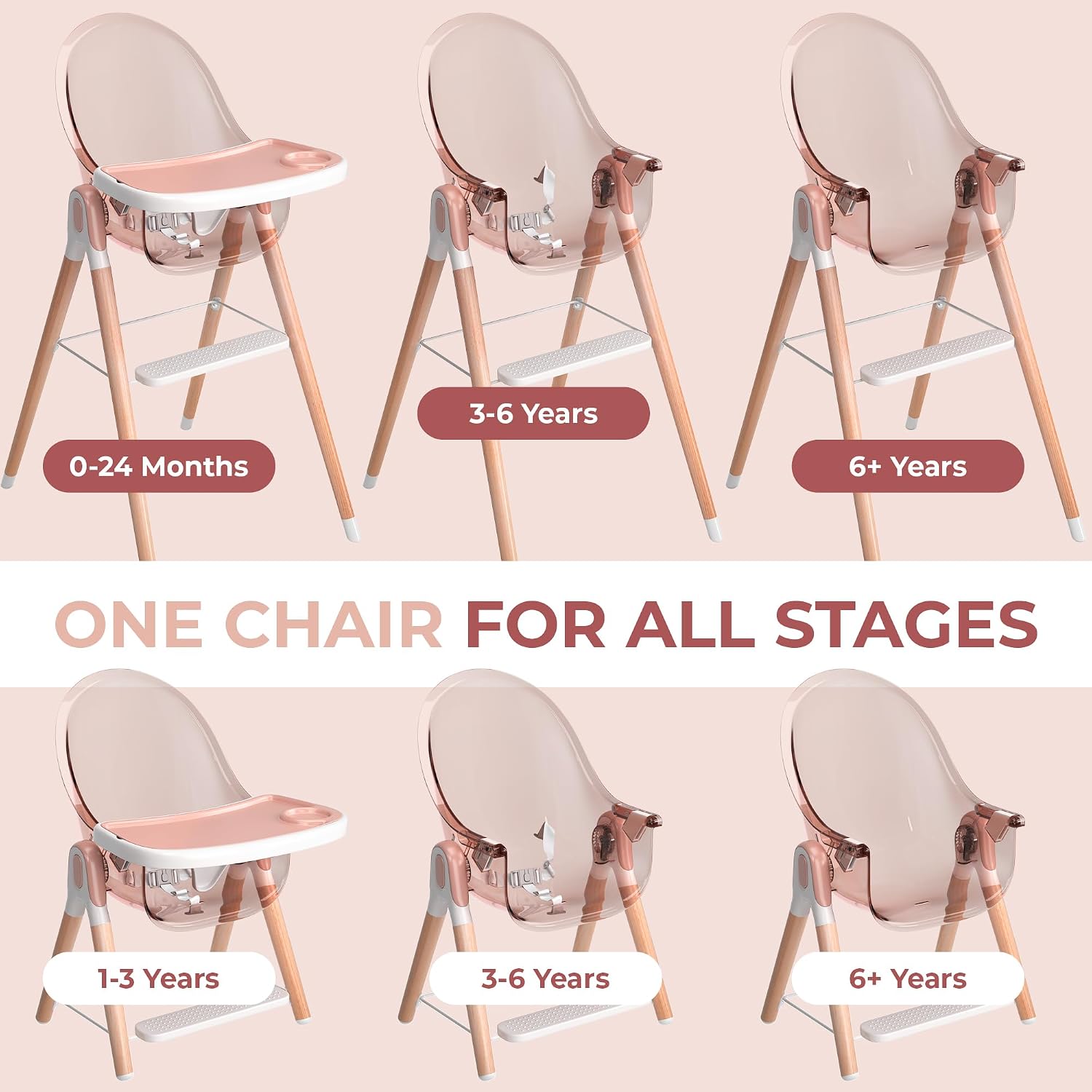 6 in 1 Deluxe Wooden High Chair for Babies & Toddlers, Modern Safe & Compact Baby Highchair, Easy to Clean & Assemble, Removable Tray, 6 Options 3 Seat Positions 2 Heights (Pink)