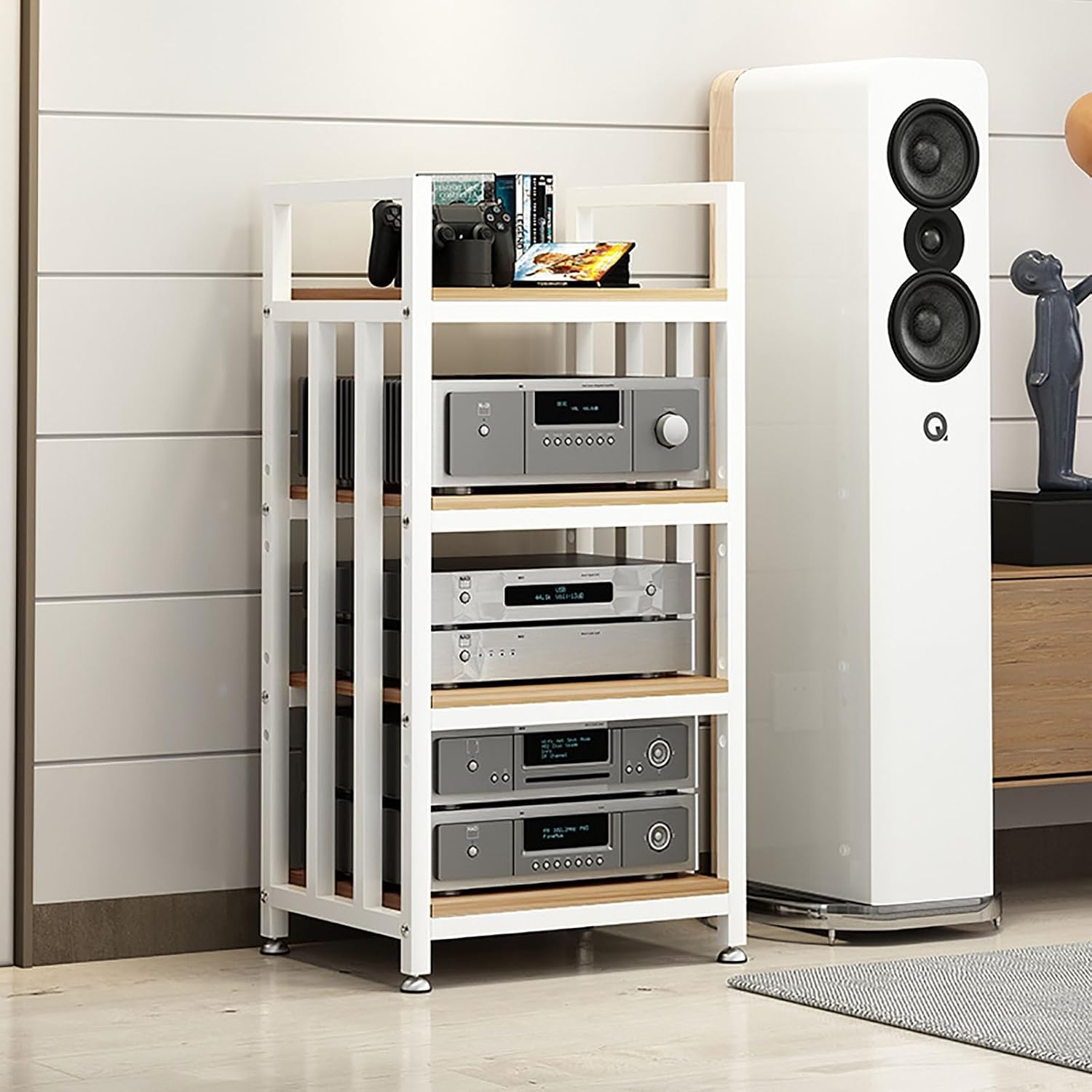 4 Tier Floorstanding Storage Shelves，Furniture Media Stand DVD CD Player Stand Audio Rack Power Amplifier Equipment Cabinet with Height Adjustable Wooden Shelf，19.7x15.7x39.4in (Color : C)