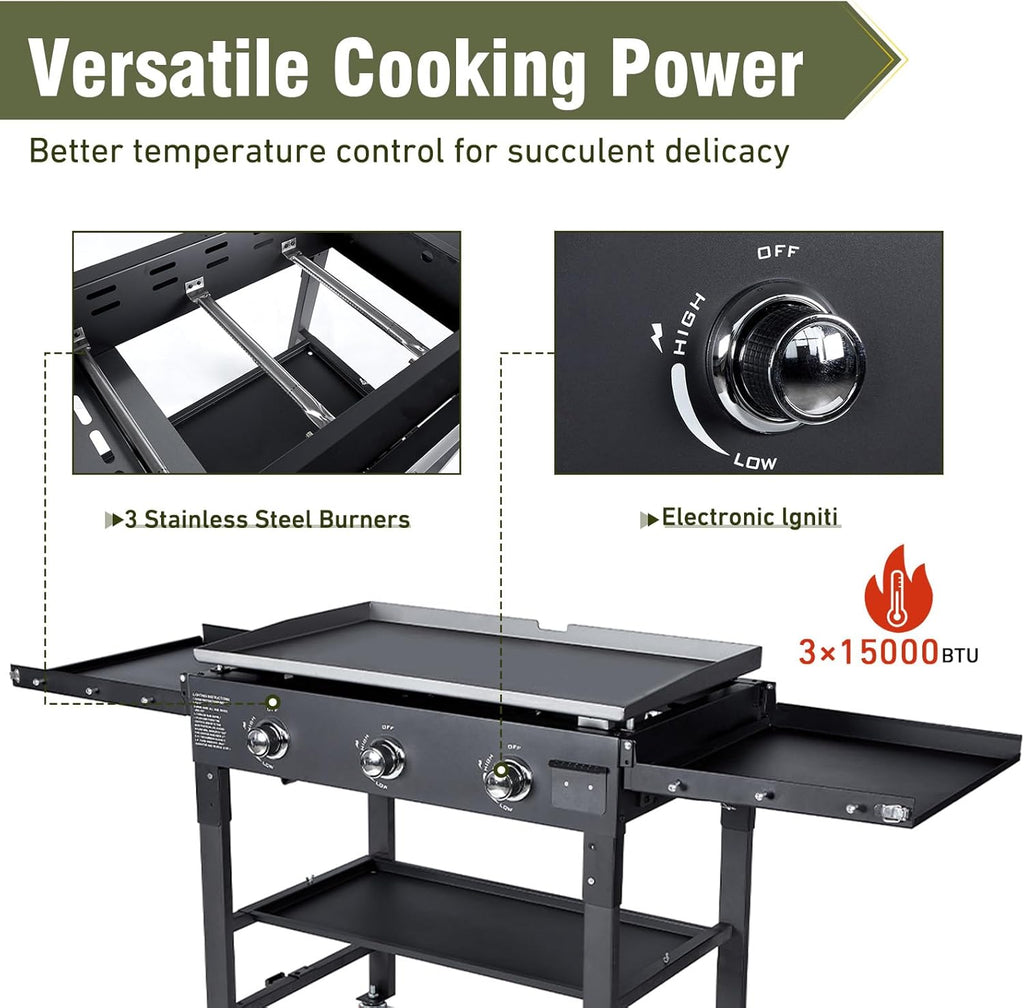 BESTFIRE 3 Burner 35' Flat Top Grill,45,000 BTU Flat Grills Outdoor Cooking with Two Foldable Shelves,Outdoor Griddle with Porcelain-Enameled Cast Iron Grate & Pan for Kitchen,BBQ& Camping