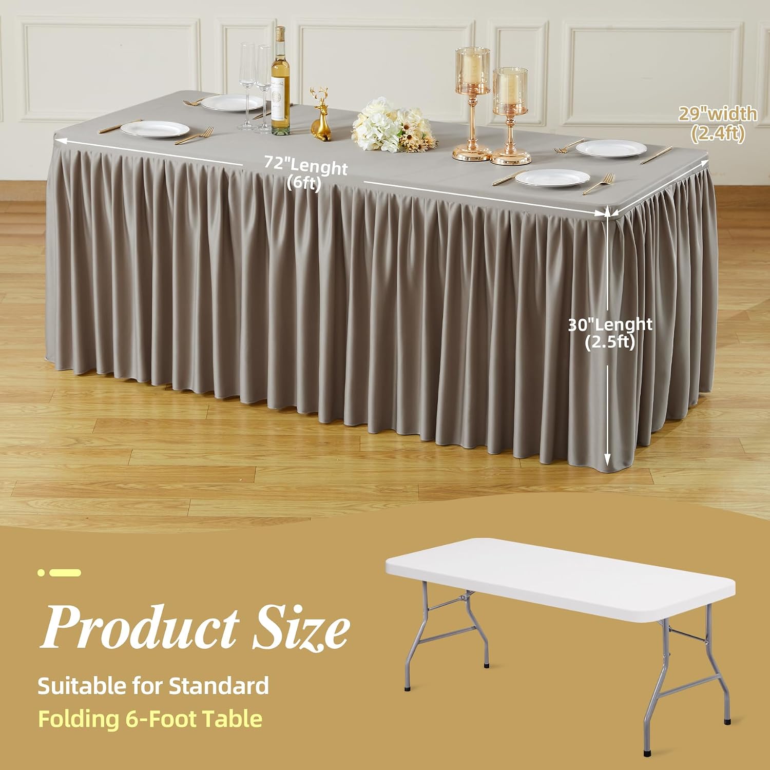 6 Pack Natural Tablecloths for Rectangle Tables 6ft, Wrinkle Resistant Spandex Table Cover Fitted Stretch Table Cloth with Pleated Ruffle Skirts for Party Banquet Dining Birthday Wedding