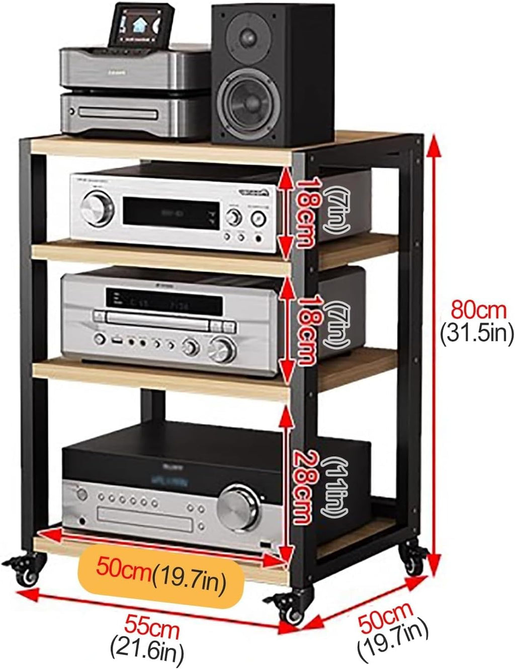 Rolling Audio Component Rack Stereo Shelf HiFi Audio Systems,Tower Media Stereo Stand Equipment Shelf, Home Commercial Corner Entertainment Center(4 tier-80cm Tall)