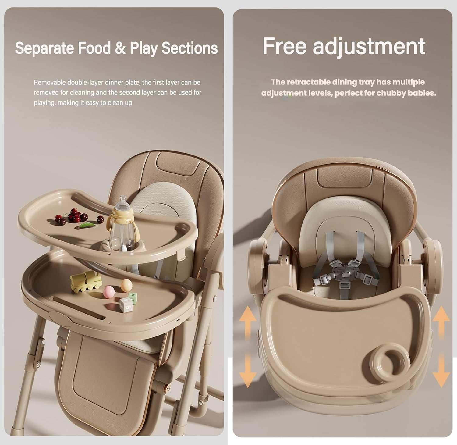 Nine point nine Electric Bluetooth Smart PU Leather Baby High Chair with Swinging Function, High Chairs for Babies and Toddlers, Removable Double Tray Baby Seat Feeding Chairs (E8121 Khaki)