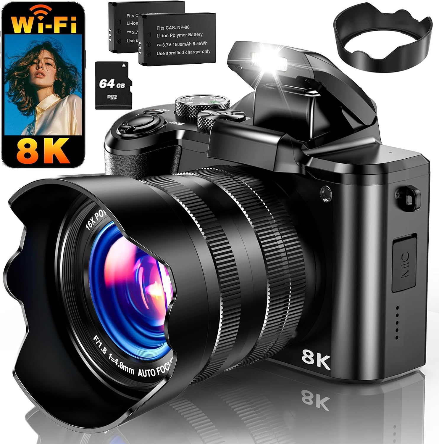 8K Digital Camera, 88MP WiFi Cameras for Photography with 3.2' Touchscreen, 16X Zoom Autofocus Vlogging Camera for YouTube Video, Anti-Shake, Dual Camera, 2 Batteries, 64GB Card, Flash, Lens Hood