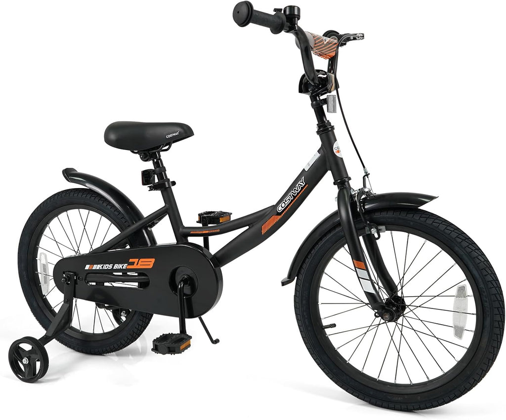COSTWAY Kids Bike, 18 Inch Toddler Bicycle with Removable Training Wheels, Dual Brakes, Adjustable Seat & Handlebar Height, Girls & Boys Bikes for 3-8 Years Old (Black,18 Inch with Kickstand)