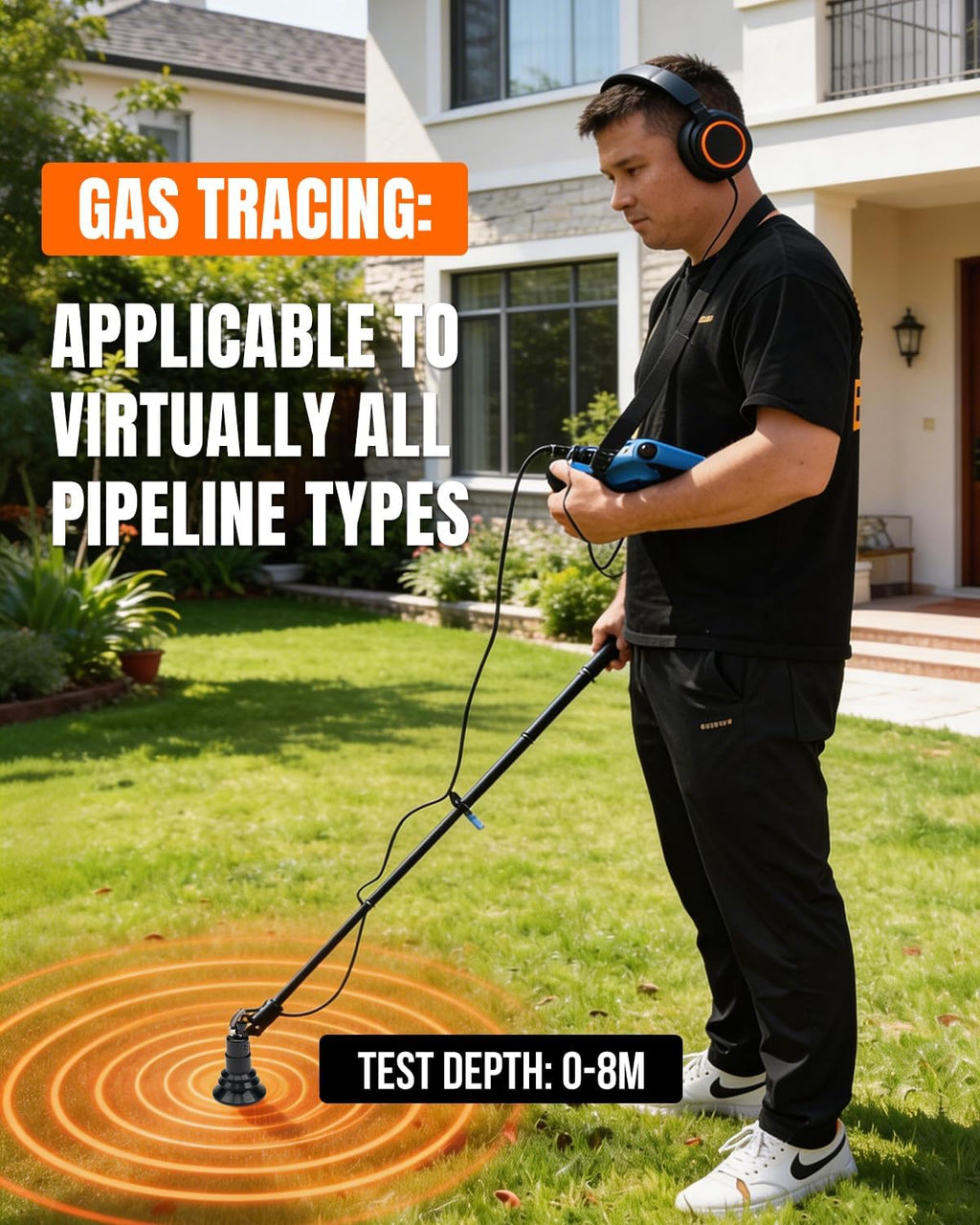 Underground Water Leak Detector Tracer Gas Detector Water Pipe Leakage Detection with Touchscreen Headphone Carrying Case 8m Depth - L9000