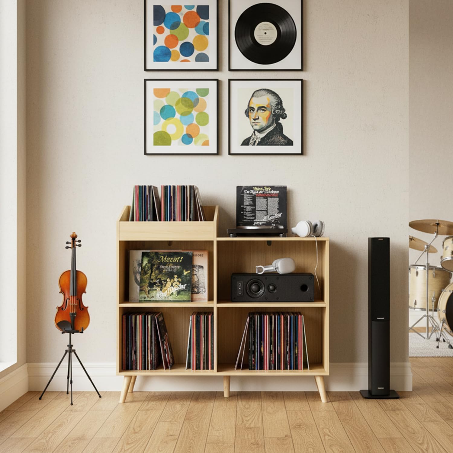 DIYART Large Record Player Stand with Power Outlet, Vinyl Record Storage Table Holds Up to 400 Albums, Mid-Century Turntable Stand for Living Room, Bedroom, Oak
