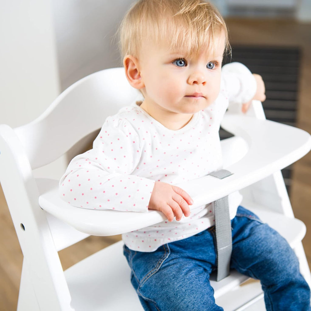 hauck Alpha+ Grow Along Seat Solid Beechwood Booster Chair with Adjustable Seat, 5 Point Safety Harness, & Bumper Bar for Infants & Toddlers, White