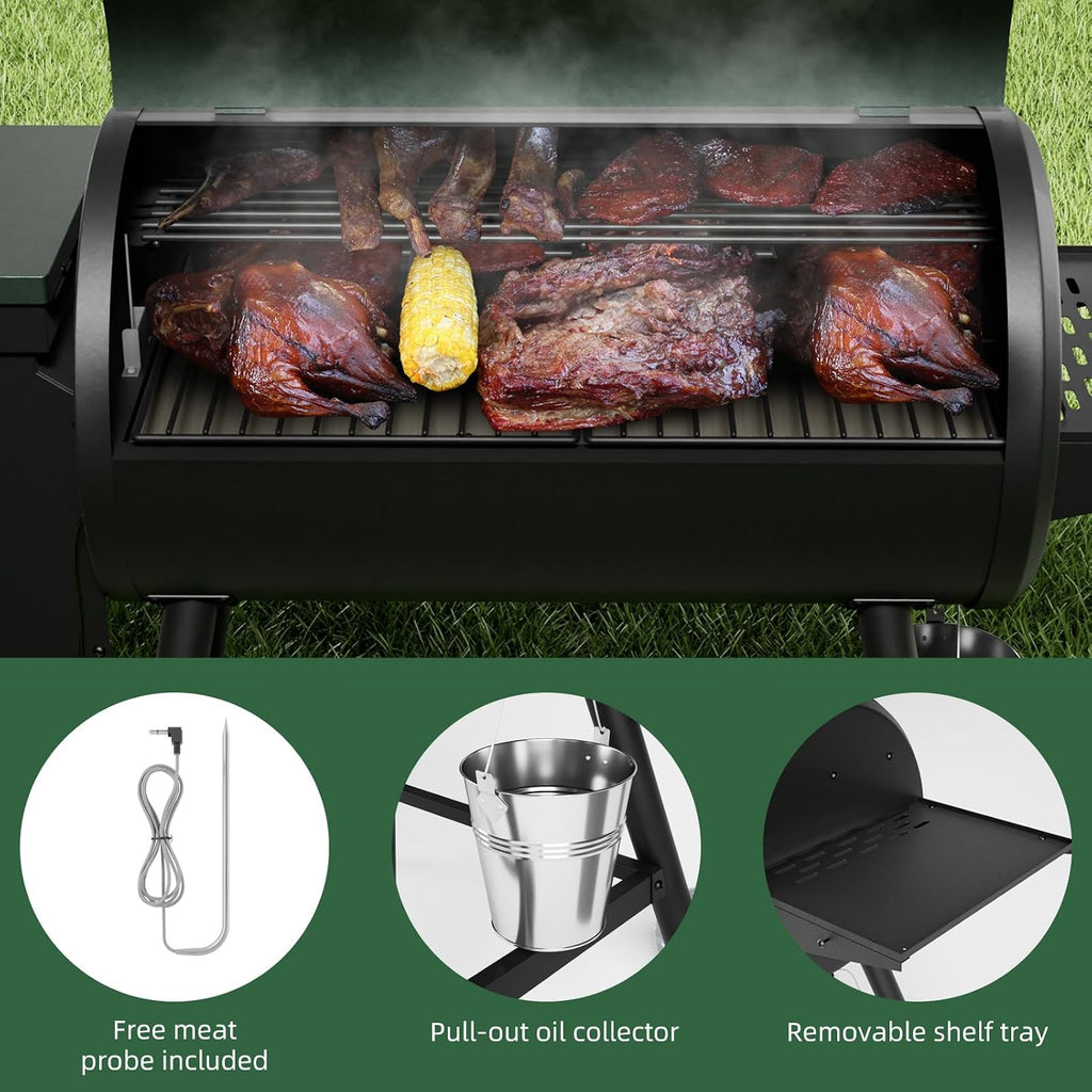 Wood Pellet Smoker BBQ Grill with Latest PID Technology LCD Controller 565 SQ.IN Cook Area 8 In 1 Pellet Grill with Auto Temperature Control and Meat Probe for Home Party Outdoor