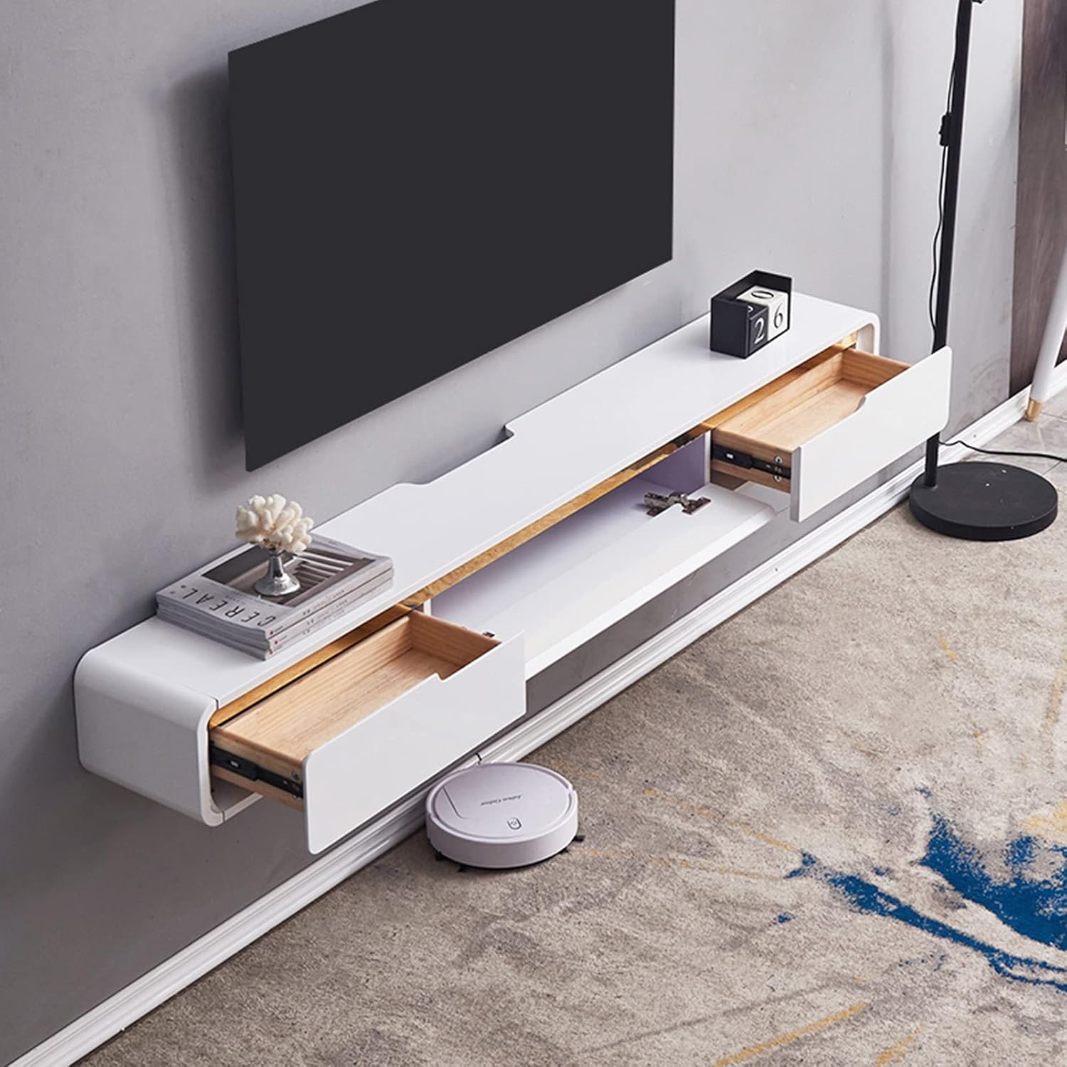 FPIGSHS Floating TV Stand - Wall Mounted Media Console with 2 Drawer,White Floating Entertainment Center TV Cabinet,Wall Mounted Audio/Video Shelf for Home Living Room Office (A, 180cm/70.86in)