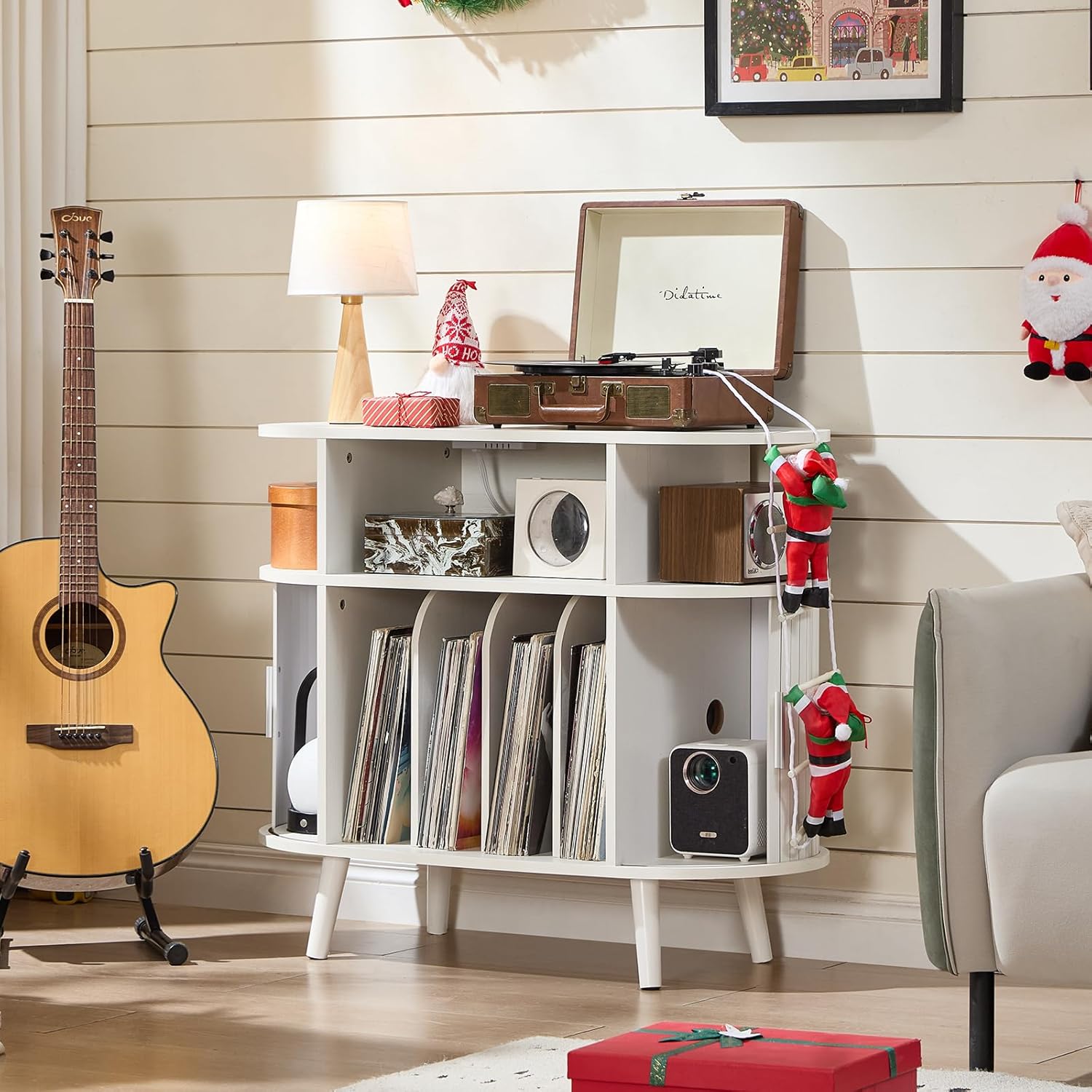 LELELINKY Large Round Record Player Stand with Charging Station & Fluted Display Shelf, White Mid Century Modern Turntable Cabinet with Vinyl Storage, Arched Wood Record Player Table for Living Room