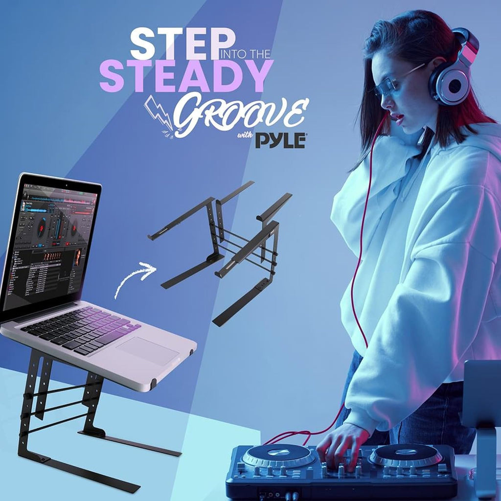 Pyle Portable Dual Laptop Stand - Standing Table with Adjustable Height, Ergonomic Design & Anti-Slip Prongs for DJ Mixer, Sound Equipment, Workstation, Gaming & Home Use - PLPTS38, Black (Pack of 6)