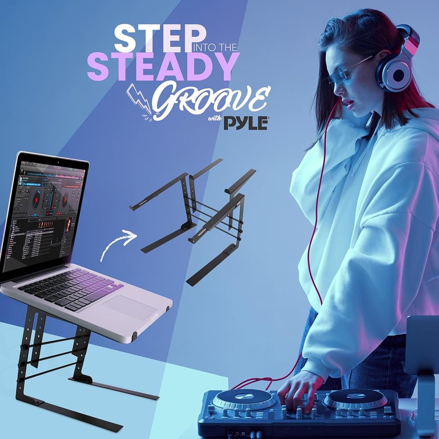 Pyle Portable Dual Laptop Stand - Standing Table with Adjustable Height, Ergonomic Design & Anti-Slip Prongs for DJ Mixer, Sound Equipment, Workstation, Gaming & Home Use - PLPTS38, Black (Pack of 6)