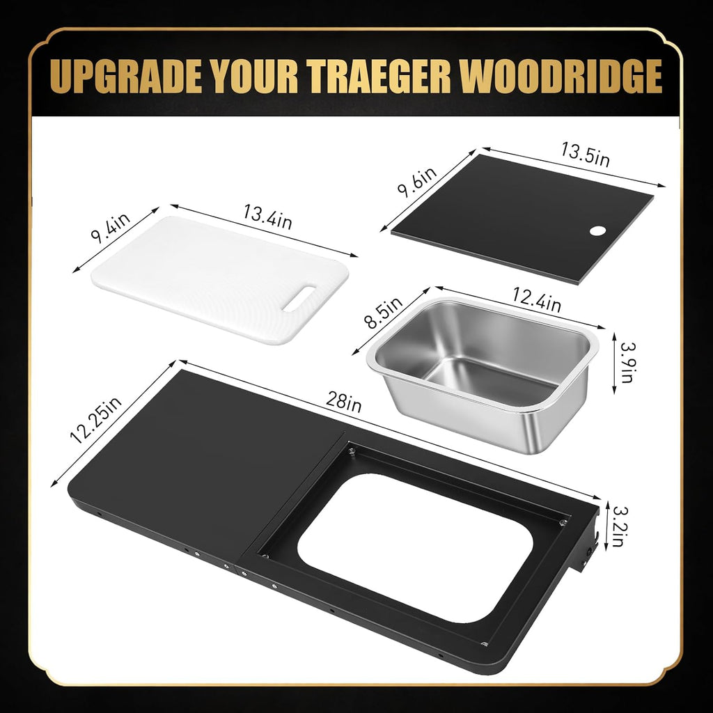 QuliMetal Foldable Front Shelf for Traeger WOODRIDGE PRO, 27.93' Grill Prep Table with Cutting Board, Stainless Steel Basin and Lid, BBQ Front Shelf Accessory