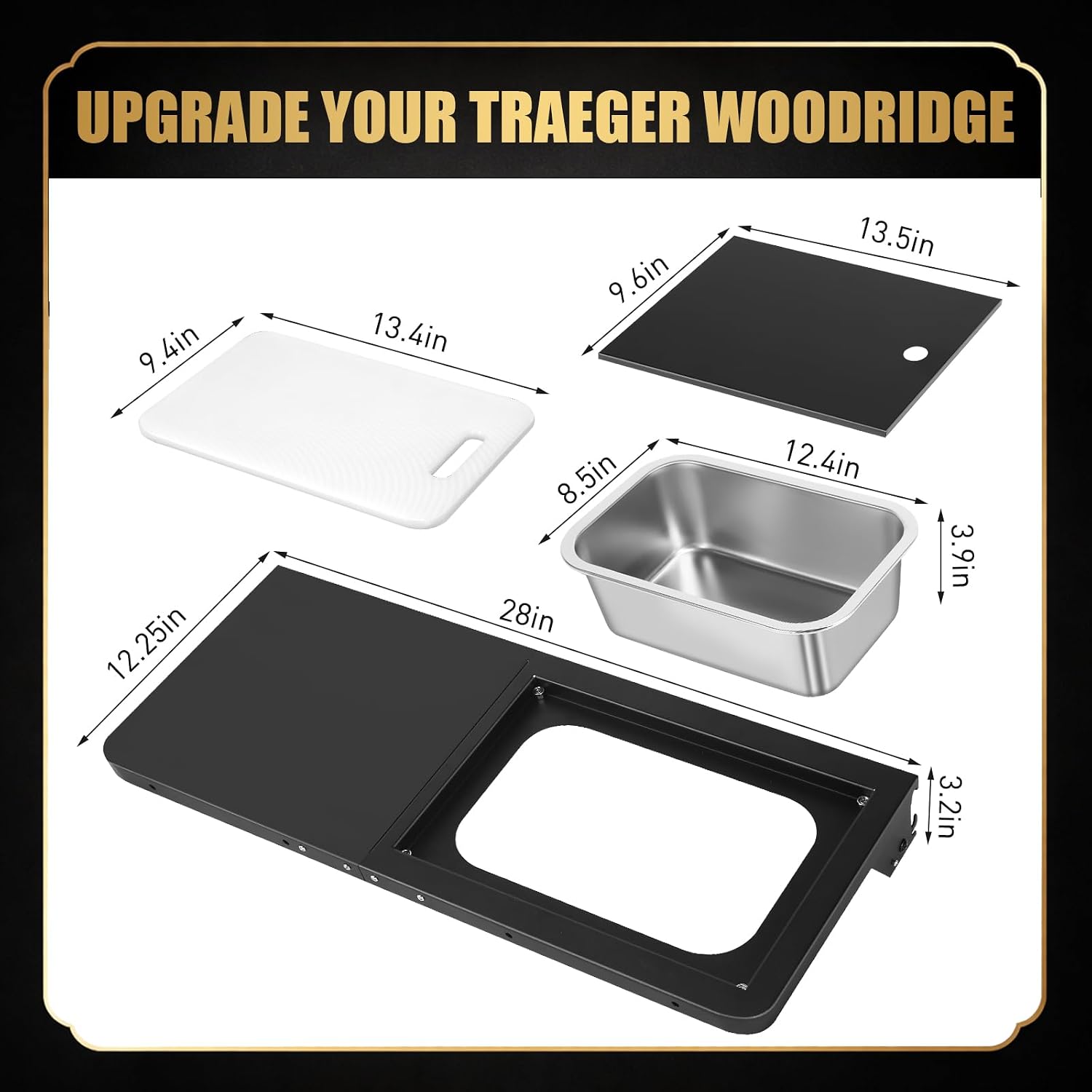 QuliMetal Foldable Front Shelf for Traeger WOODRIDGE PRO, 27.93' Grill Prep Table with Cutting Board, Stainless Steel Basin and Lid, BBQ Front Shelf Accessory