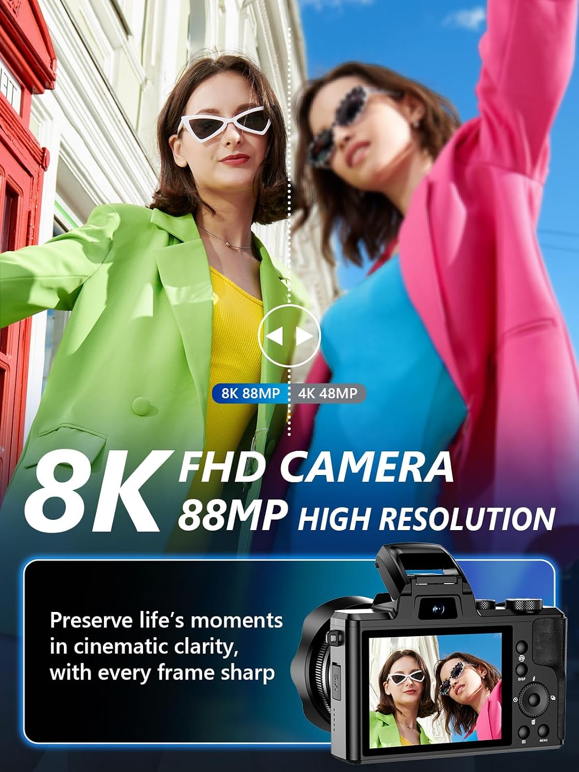 8K Digital Camera, 88MP WiFi Cameras for Photography with 3.2' Touchscreen, 16X Zoom Autofocus Vlogging Camera for YouTube Video, Anti-Shake, Dual Camera, 2 Batteries, 64GB Card, Flash, Lens Hood