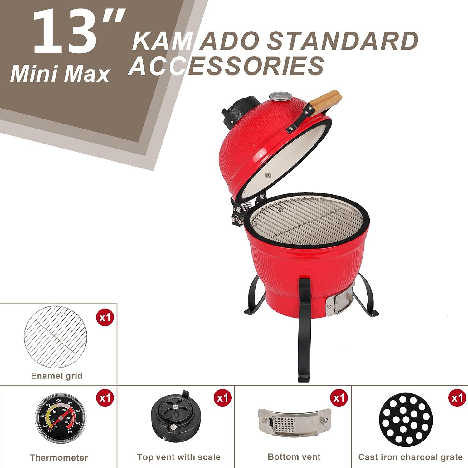 Outvita Ceramic Grill, 13' Round Kamado Charcoal Grill, Portable Barbecue Grill with Thermometer for Variations on Cooking Methods(Red)