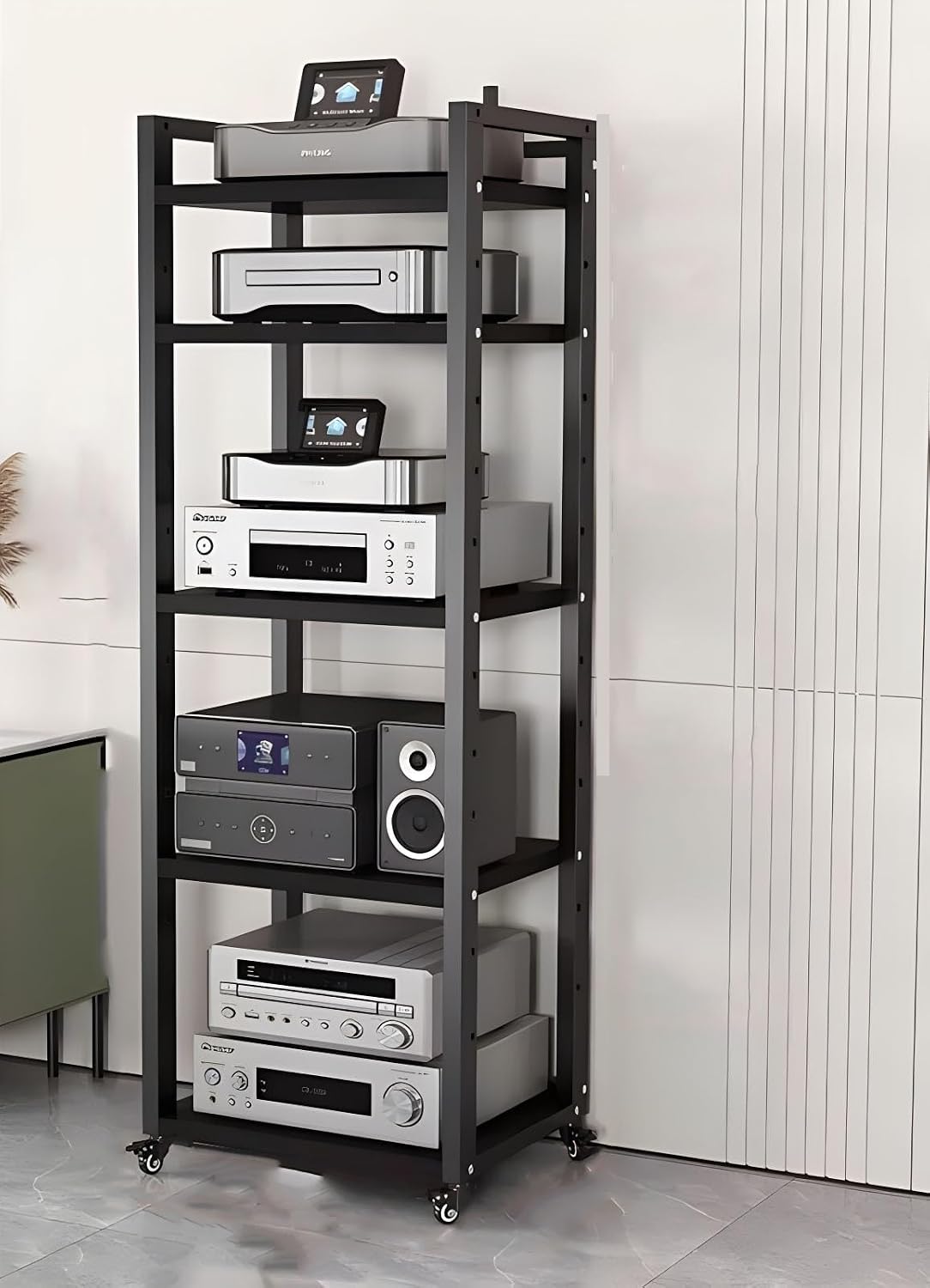 SRNSAEB Audio Equipment Rack Cabinet Media Shelf, Audio Video Media Stand Cabinet with 4 Shelves Height Adjustable Modern AV Cabinet with Brake Wheel, 160cm/ 63inch Height(5-Tier)
