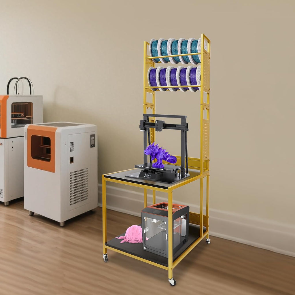 3D Printer Stand with Filaments Storage, 2-Tier 3D Printer Table Cart Desk with Wheels for Workshop Studio Office, 23.6' X 23.6' X 69', 110lbs Capacity (Gold)